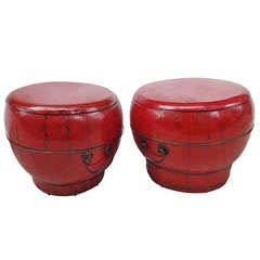 Pair of 19th Century Chinese Red Lacquered  Rice Containers