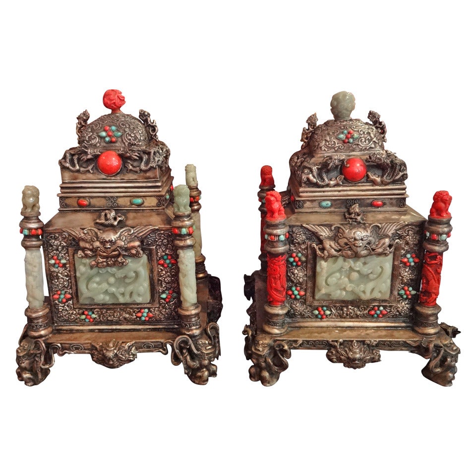 Pair of Jade & Cinnabar Gilt Censers Containers