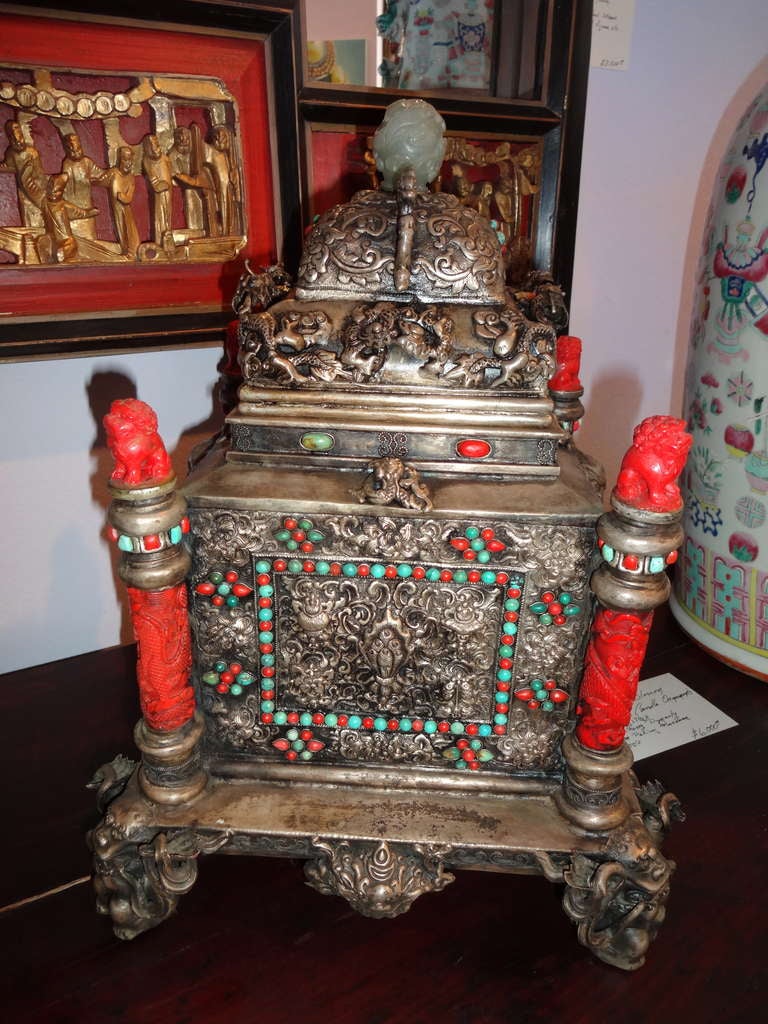 Chinese Pair of Jade & Cinnabar Gilt Censers Containers