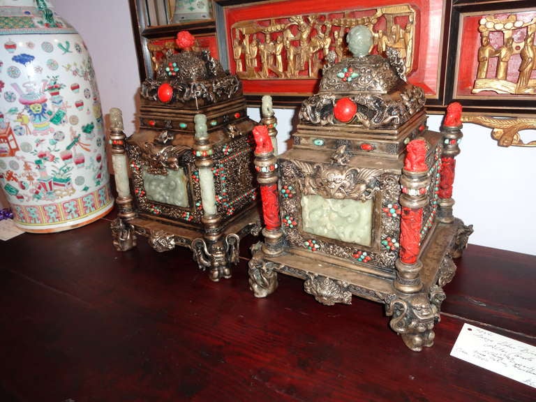 Pair of Jade & Cinnabar Gilt Censers Containers 2