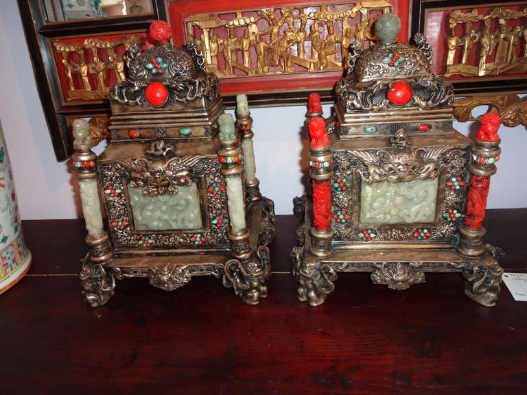 Metal Pair of Jade & Cinnabar Gilt Censers Containers