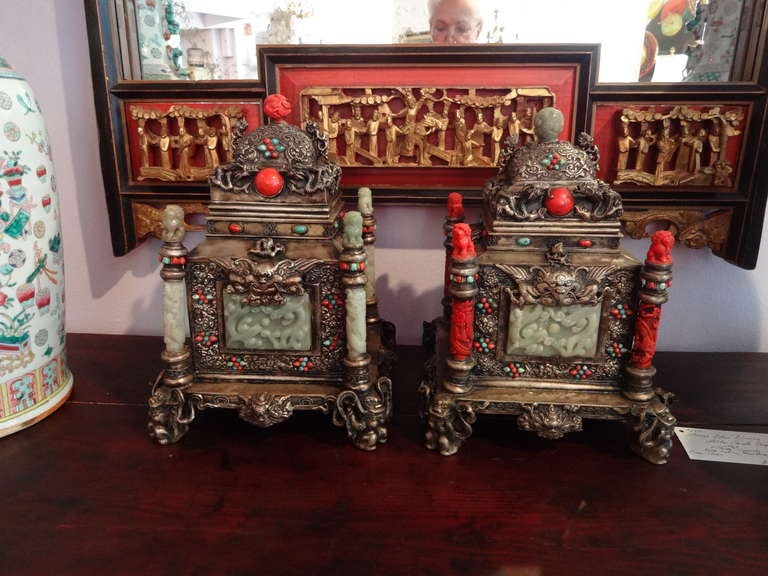 Matching Pair (but one having jade and the other having cinnabar) Lidded Censers with lids bejeweled. This Sino-Tibetan gilt metal CENSERS are Heig. Square in form each having a step dome lids inlaid with coral and turquiose throughout, one with