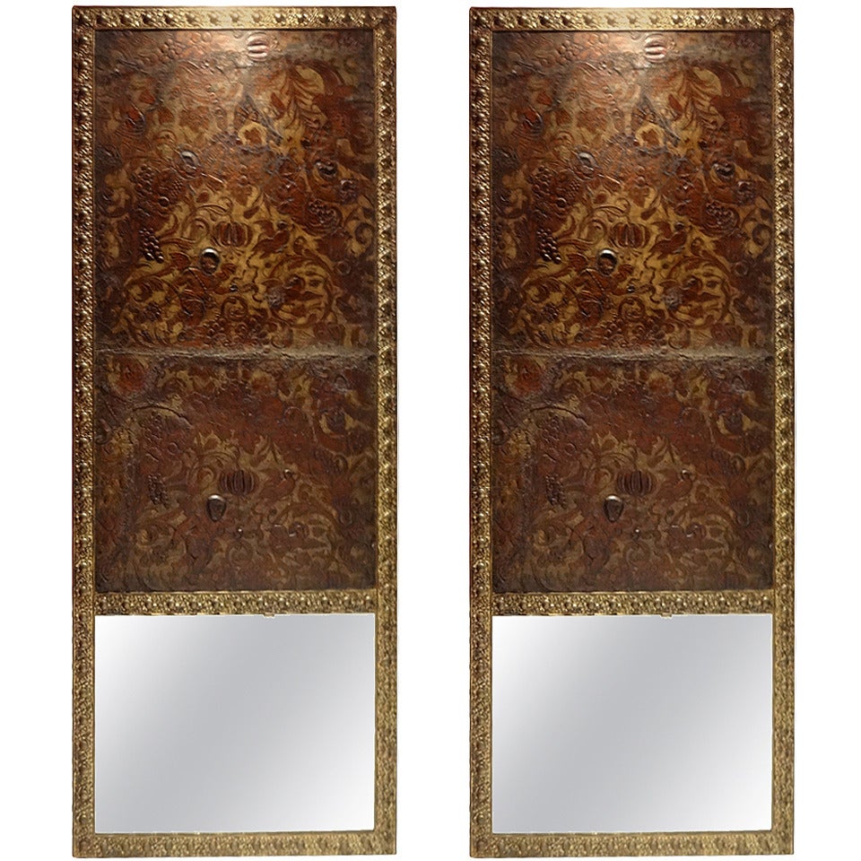 Pair of French Embossed Leather Panel Mirrors