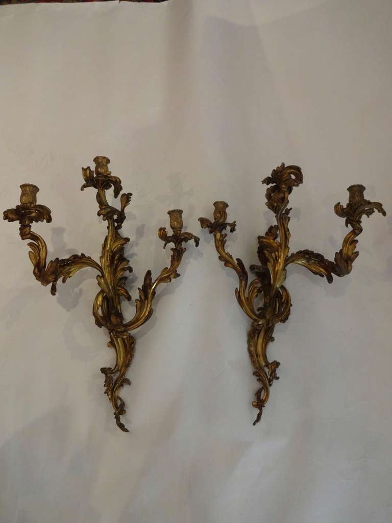 This Pair of LARGE French Bronze Wall Sconces has 3 candleholders each. Exceptionally made having holds to the back where the 