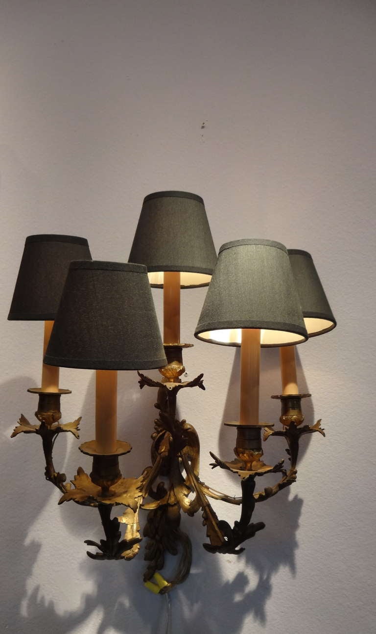 Pair French Bronze Louis XV Style Wall Sconces In Excellent Condition In Sarasota, FL