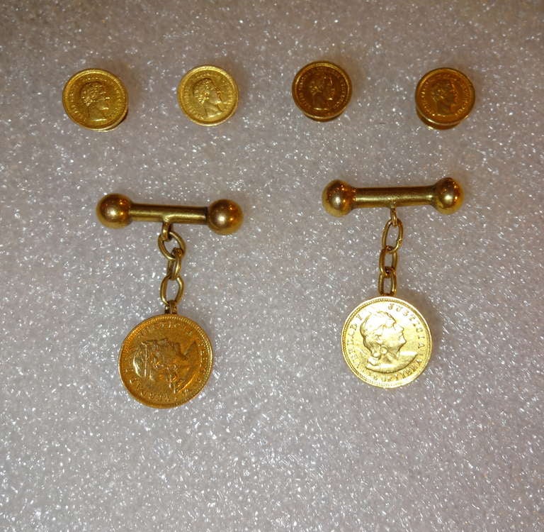 This set of Lima Coins had been made into cufflinks and 4 studs after 1906-1907. Cufflinks Marked Verdad I Justica 1/5 de Libra Repiblica fe Lima G.OZ.F 1906 & 1907 coins are 113 gains of pure gold each not counting the chain and posts. Having a