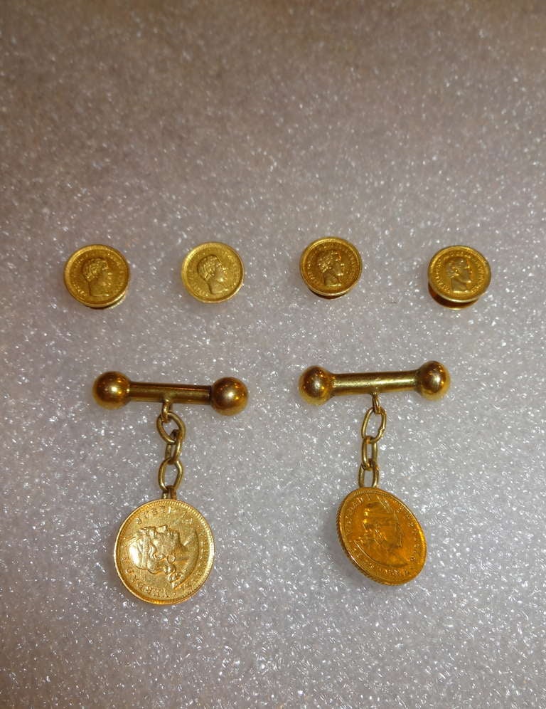 Solid Gold Coin Cufflinks and Studs In Excellent Condition In Sarasota, FL