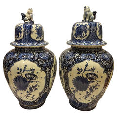 Antique Pair Delft Ginger Jars/Covered Vases