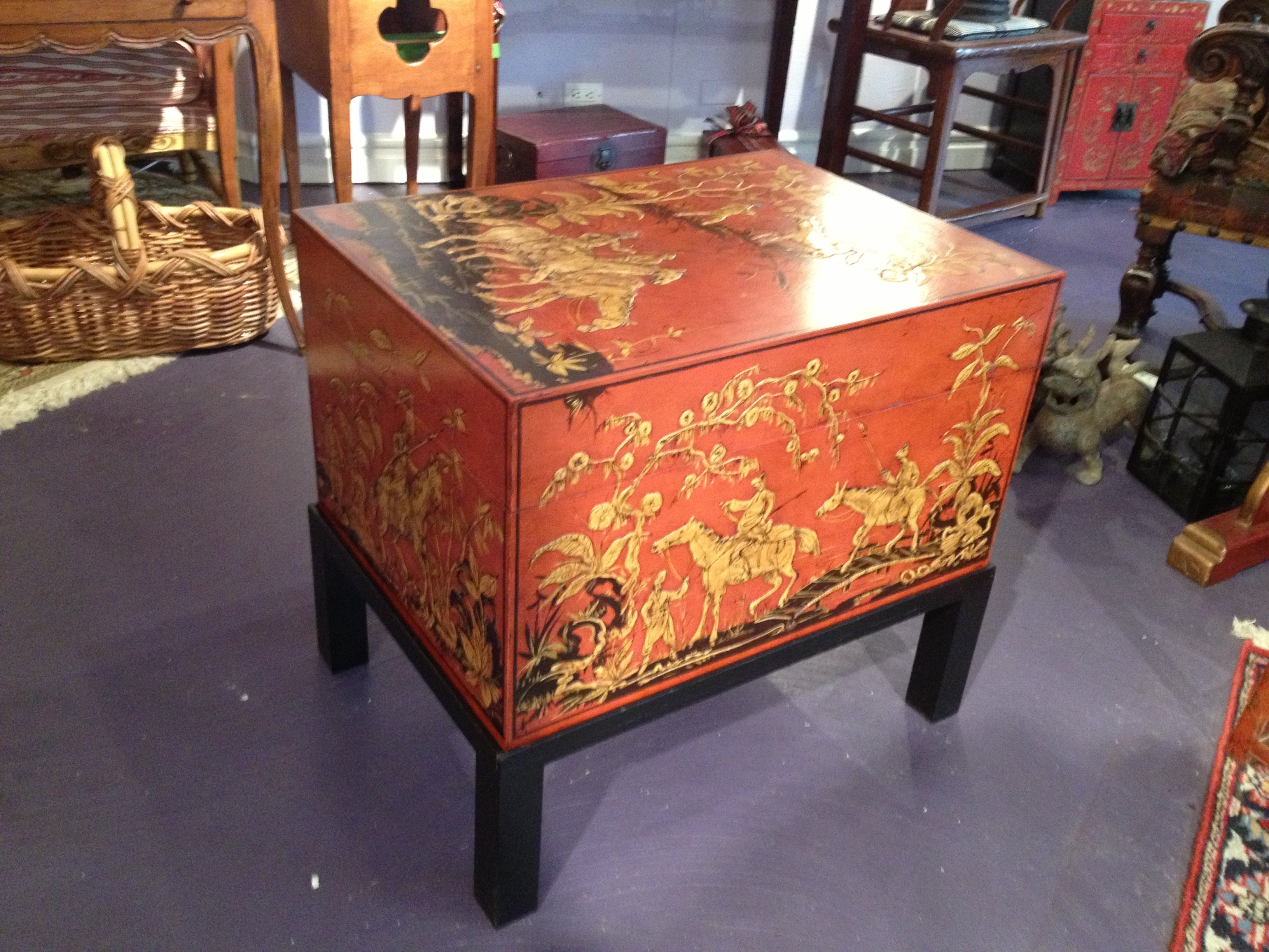 Chinese Red Lacquered Trunk with Stand