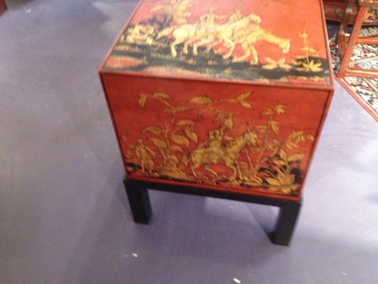 Chinese Red Lacquered Trunk with Stand In Excellent Condition In Sarasota, FL