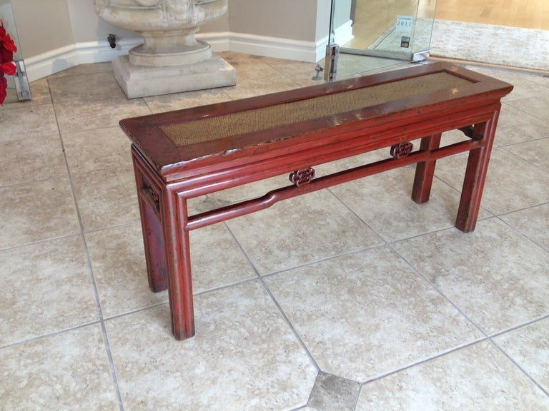 Chinese Red Lacquered Bench with Rattan Inset at 1stDibs