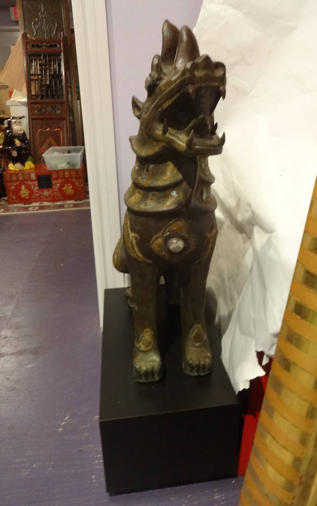 Nepalese Pair Bronze Foo Lion Statues