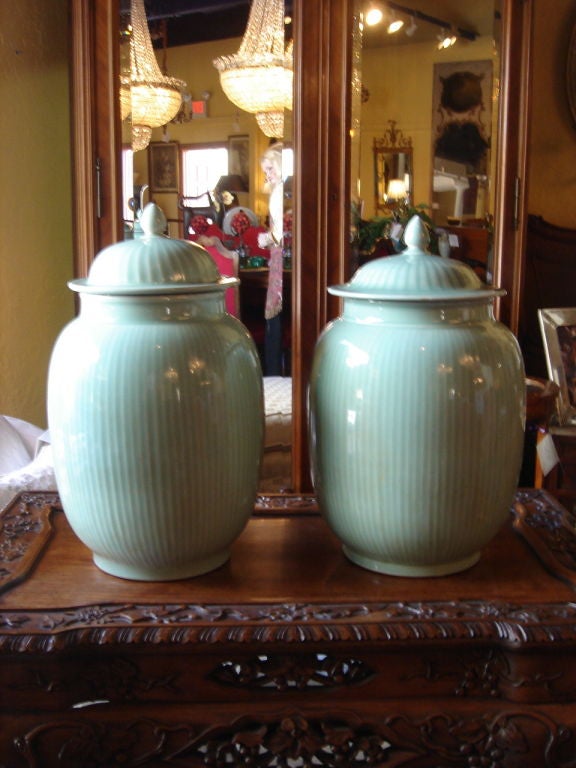 Pair of Chinese Celadon JARS with lids