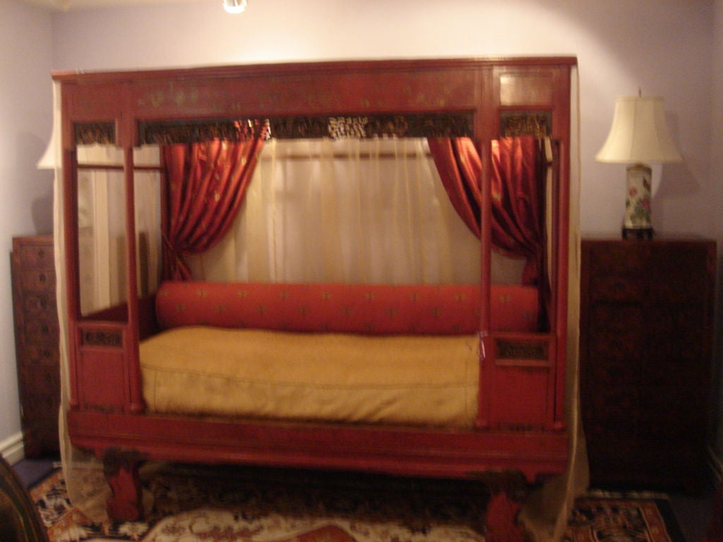 Chinese heavy Red Lacquered WEDDING BED (Large Single Size today) with hand carved designs of a story depicting couring scenes  (boy meets girl, dances for him, he ask her father for her hand in marrage, after she still dances for him ) to the top
