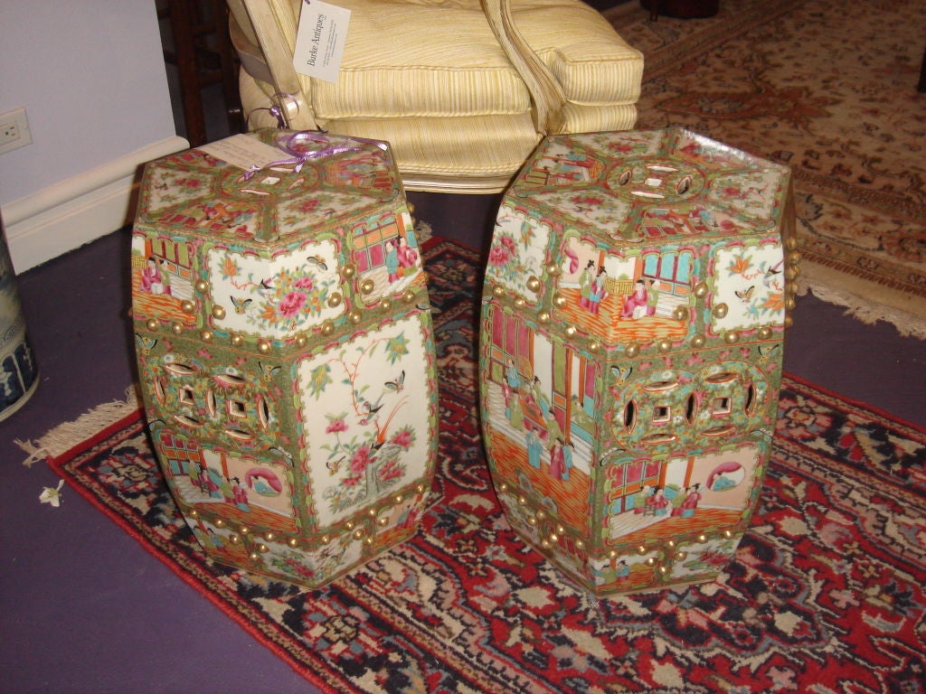 A Pair of Chinese Porcelain 19th Century (Circa 1850's) Garden Stools, hexagon in shape with gold leafed 