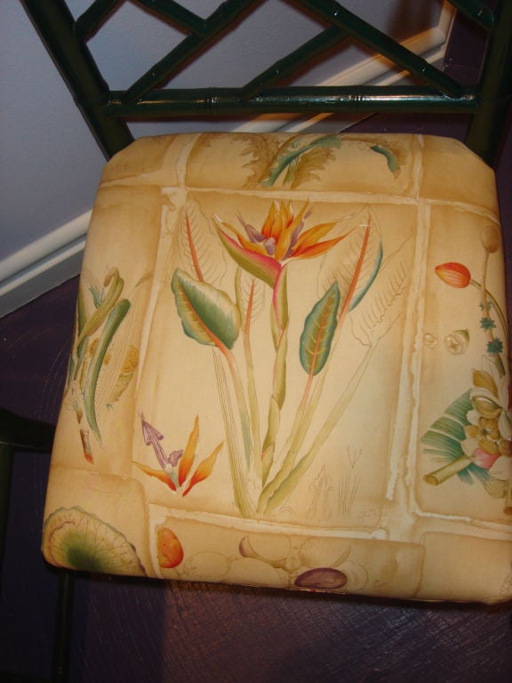 hand carved faux bamboo dark green lacquered side chair with botanical printed seat well made useable for a desk chair for extra chair