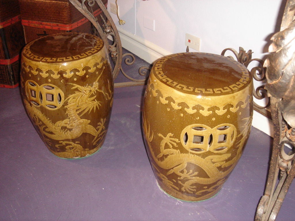 Mid-20th Century Pair of Chinese Dragon Garden Stools