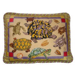 Vintage Silk Needlepoint Turtle Pillow