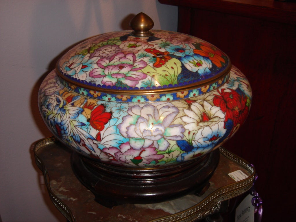 Chinese Large Cloisonné Bowl w/ Lid & Stand