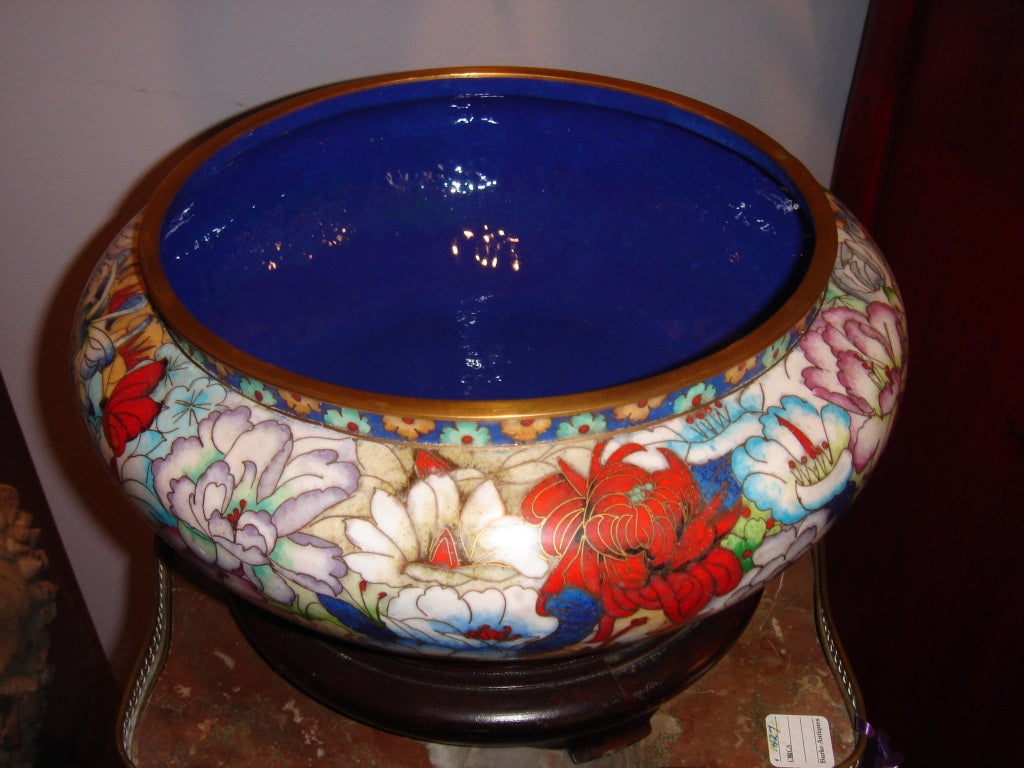Late 20th Century Large Cloisonné Bowl w/ Lid & Stand