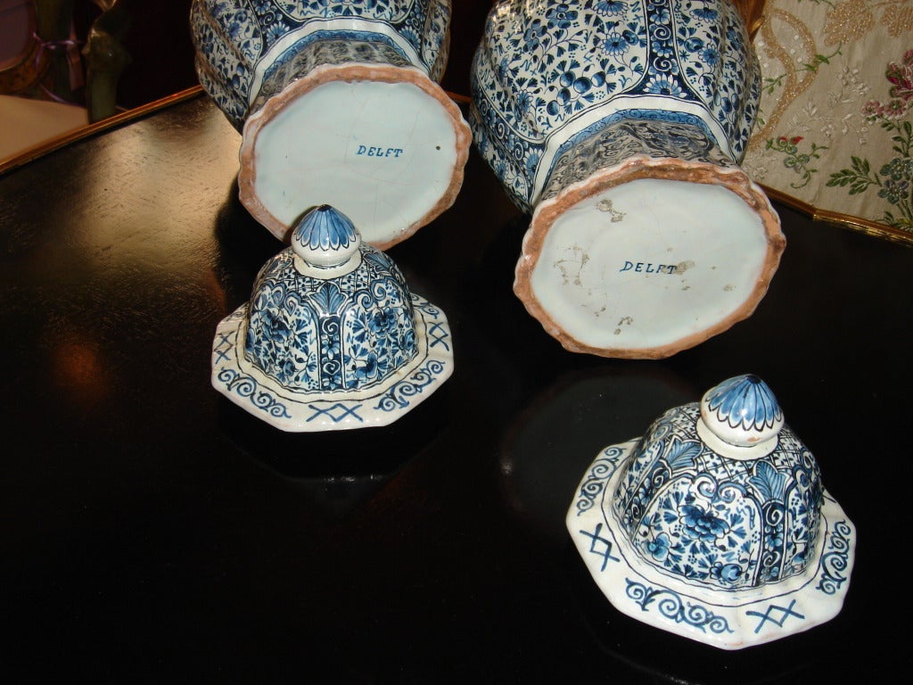 Dutch Pair of Delft Lidded Jars