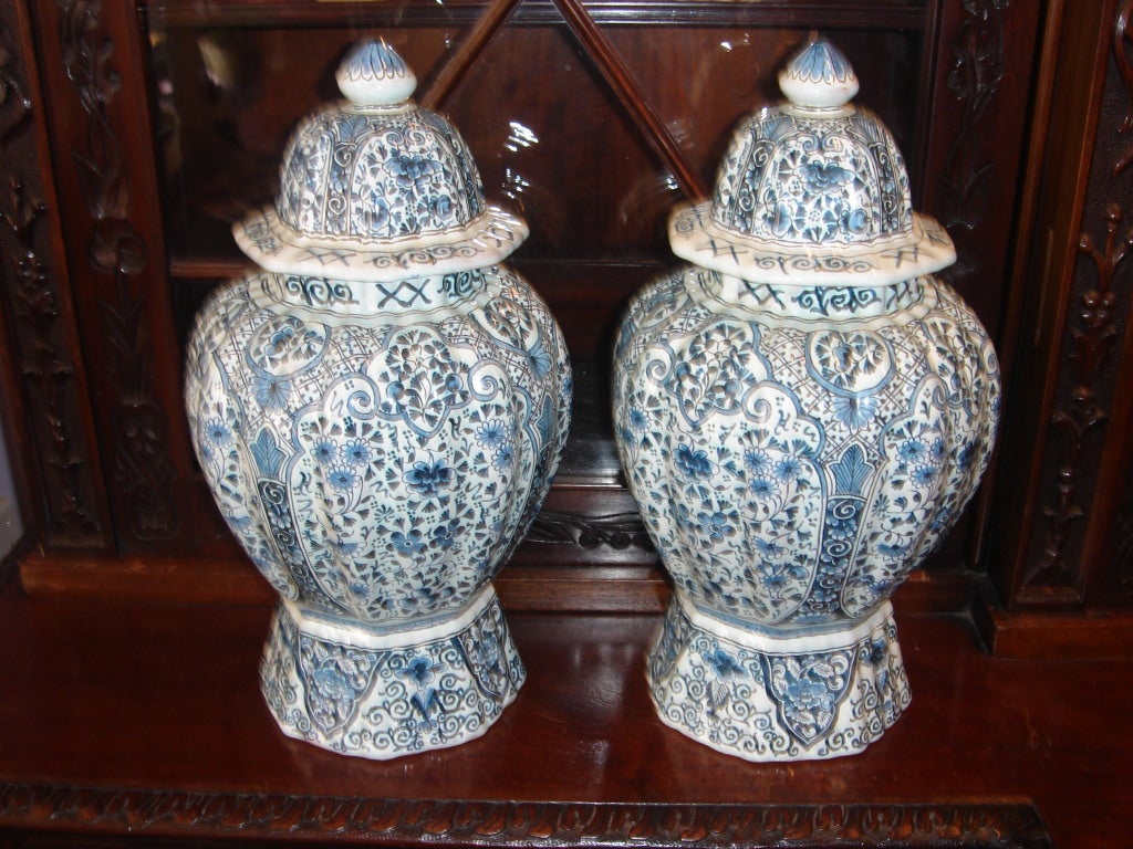 Terracotta Pair of Delft Lidded Jars