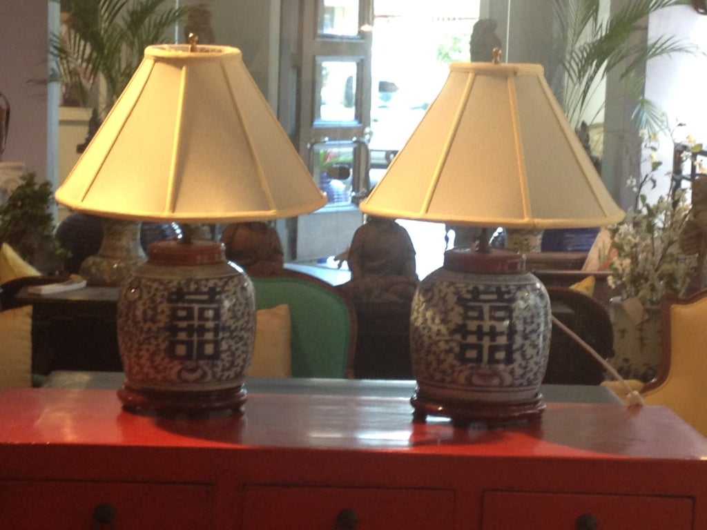 Pair of Chinese Double Happiness Ginger Jar Lamps 2