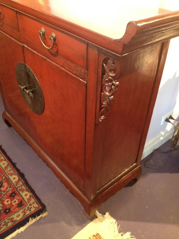 Chinese Red Lacquered Wedding Cabinet and Stand 2