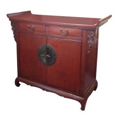 Chinese Red Lacquered Wedding Cabinet and Stand