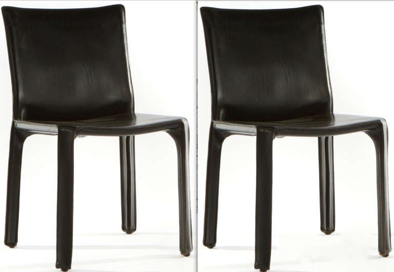 Italian Six Black Leather Chairs by Mario Bellini