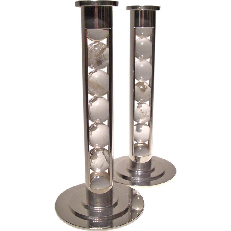 Rock crystal and silver candlesticks by Paul Belvoir For Sale