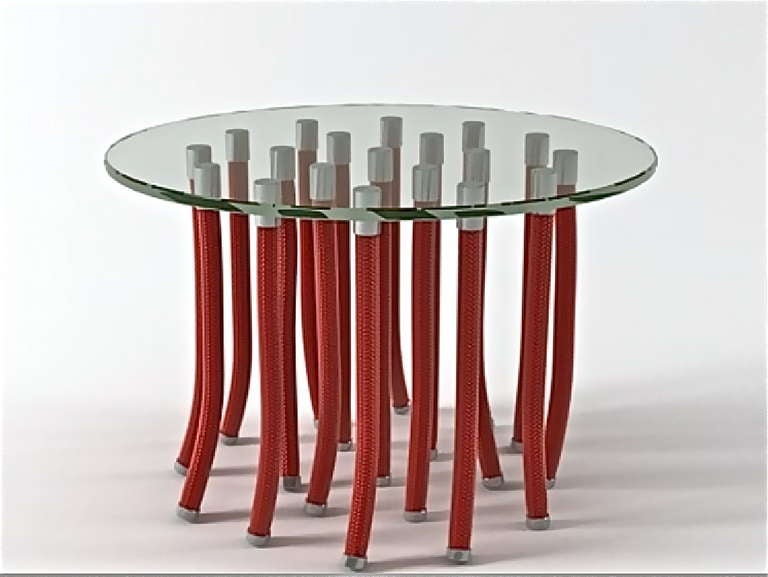 A  SMALL GLASS TOP ORG TABLE BY FABIO NOVEMBRE- AN ILLUSION - (6) REAL LEGS WITH a STEEL CORE COVERED in ROPE, THE ADDITIONAL FLEXIBLE APPENDAGES ARE MAKE FROM ROPE ONLY