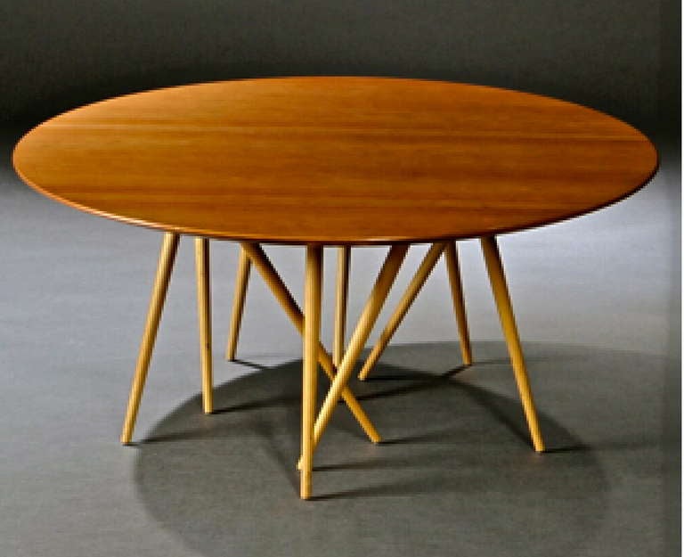 CIRCULAR LOW TOP TABLE IN LACQUERED WOOD, MAPLE & BIRCH (HT. 16IN. DIA. 26 IN.)  ON TEN TURNED LEGS POSITIONED AT VARIOUS ANGLES, METAL DECAL, and MANUFACTURER'S LABEL