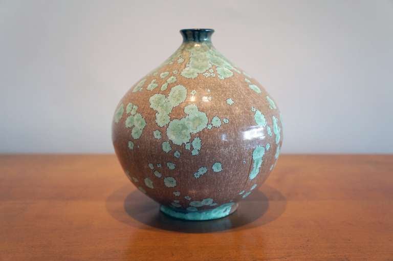 Green crystalline over toffee glazed studio vase by S. Polchert