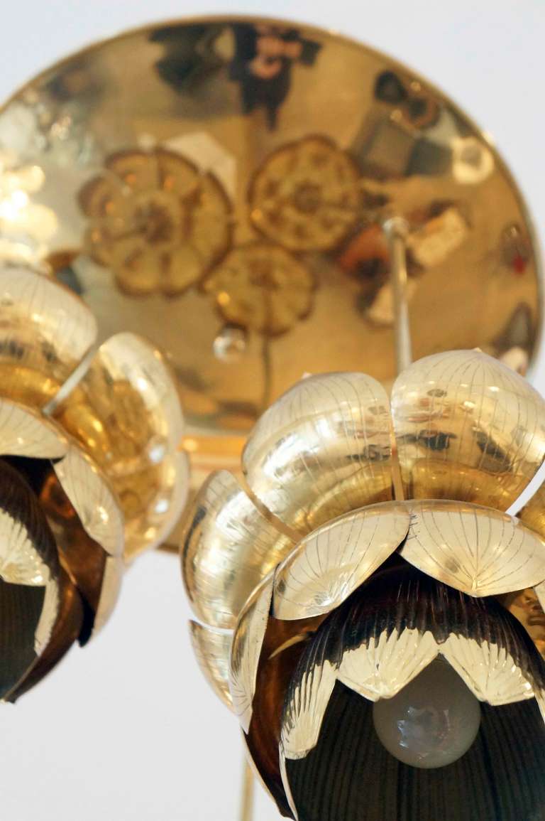 20th Century Triple Light Brass Lotus Pendant