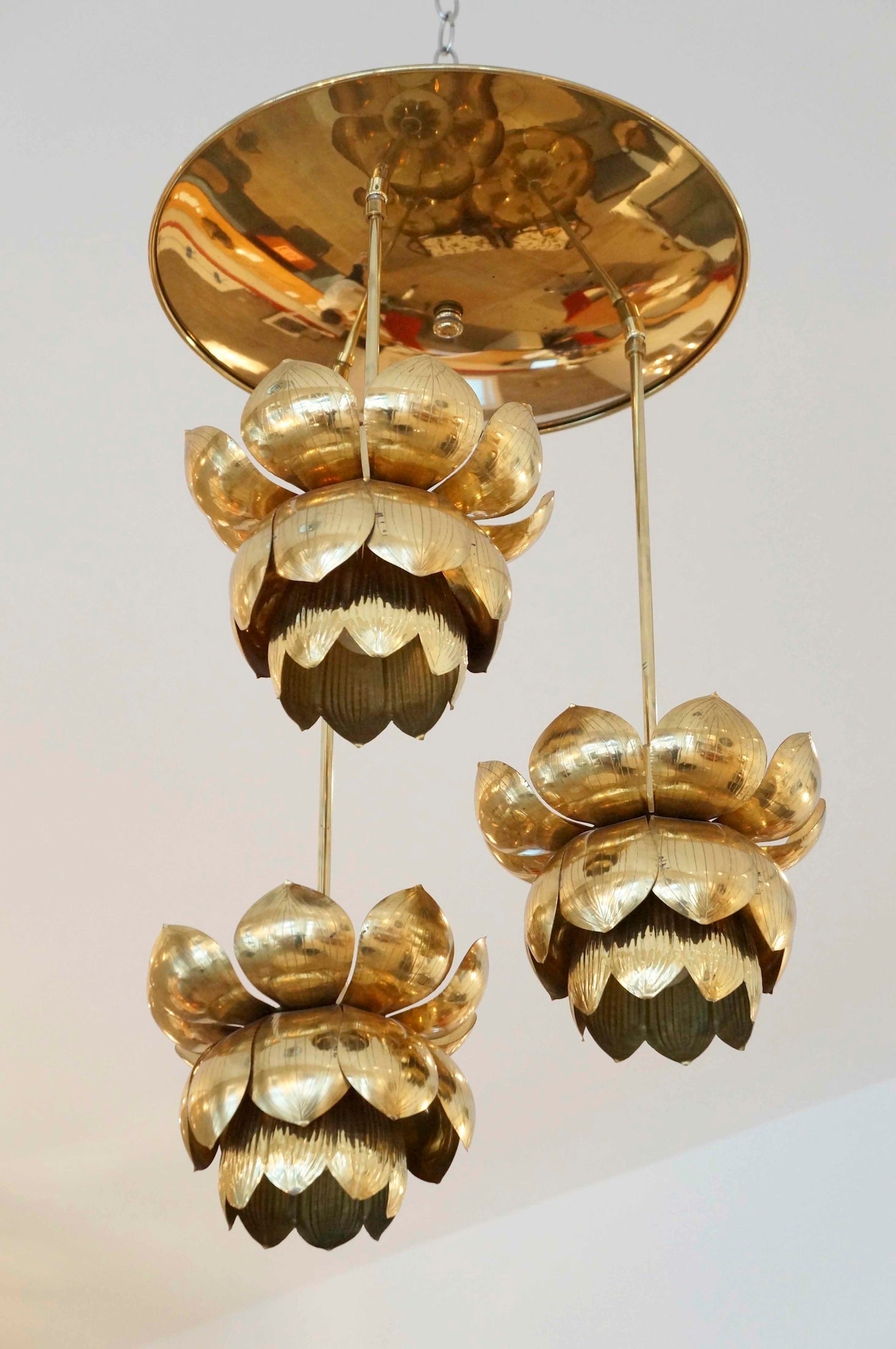Triple Light Brass Lotus Pendant