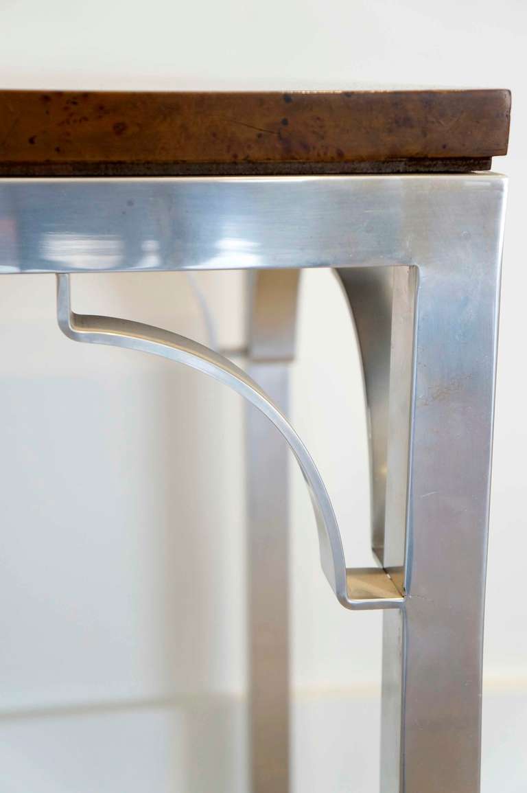 Burled Walnut & Aluminum Console In Good Condition For Sale In Los Angeles, CA