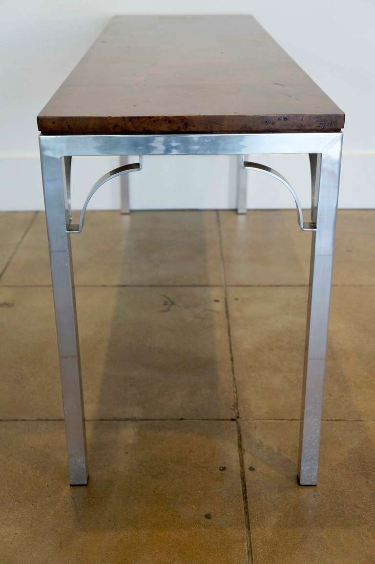 American Burled Walnut & Aluminum Console For Sale