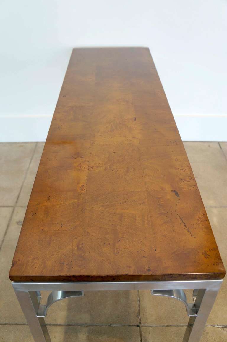 20th Century Burled Walnut & Aluminum Console For Sale