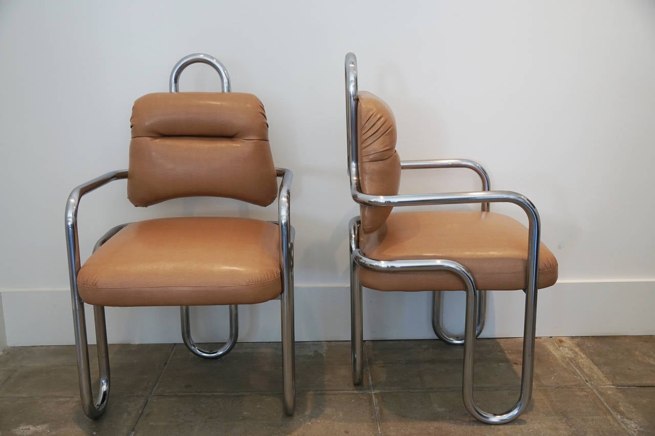 Pair of Kwok Hoï Chan chairs for Steiner. Chrome over heavy gauge tube steel, upholstered in 