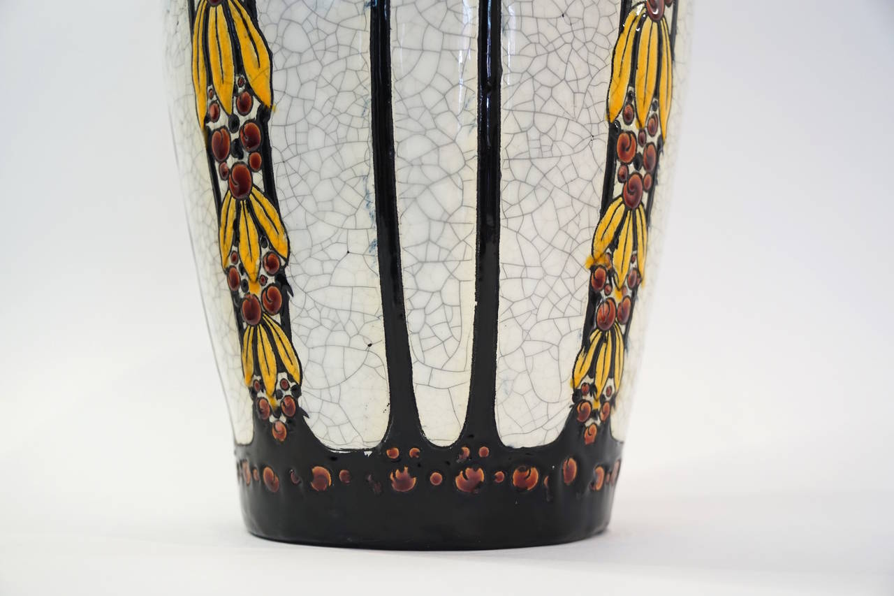 Rare Charles Catteau vase for  B.F.K La Louviere Belgique. "Polychorme design with stylized leaves and flowers." "EXP Paris 1925"