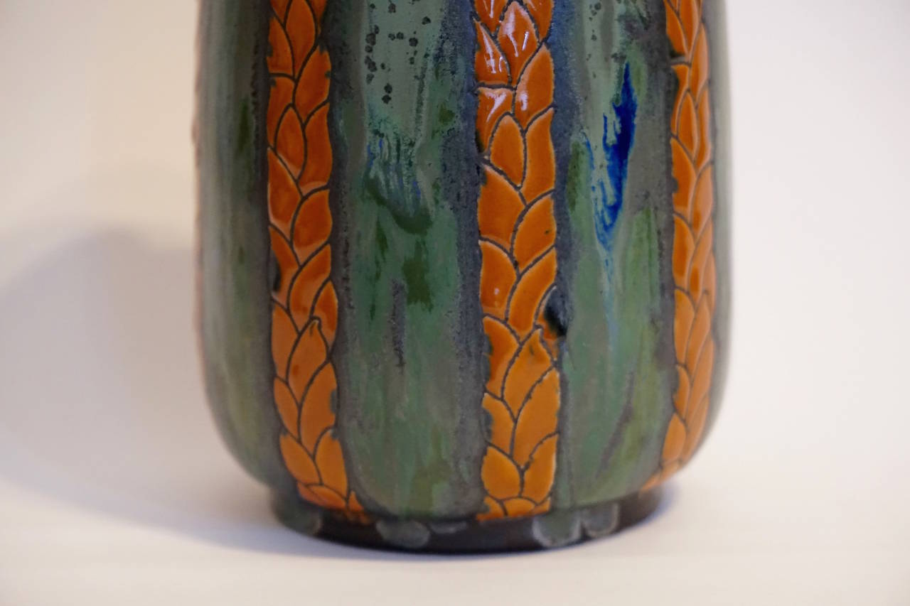 Early rare vase by M.Dufrene, La Maitrise fabrique a keramis. D 702 Form 896. Three-colour design with stylized leaves. Charles Catteau Boch Freres
