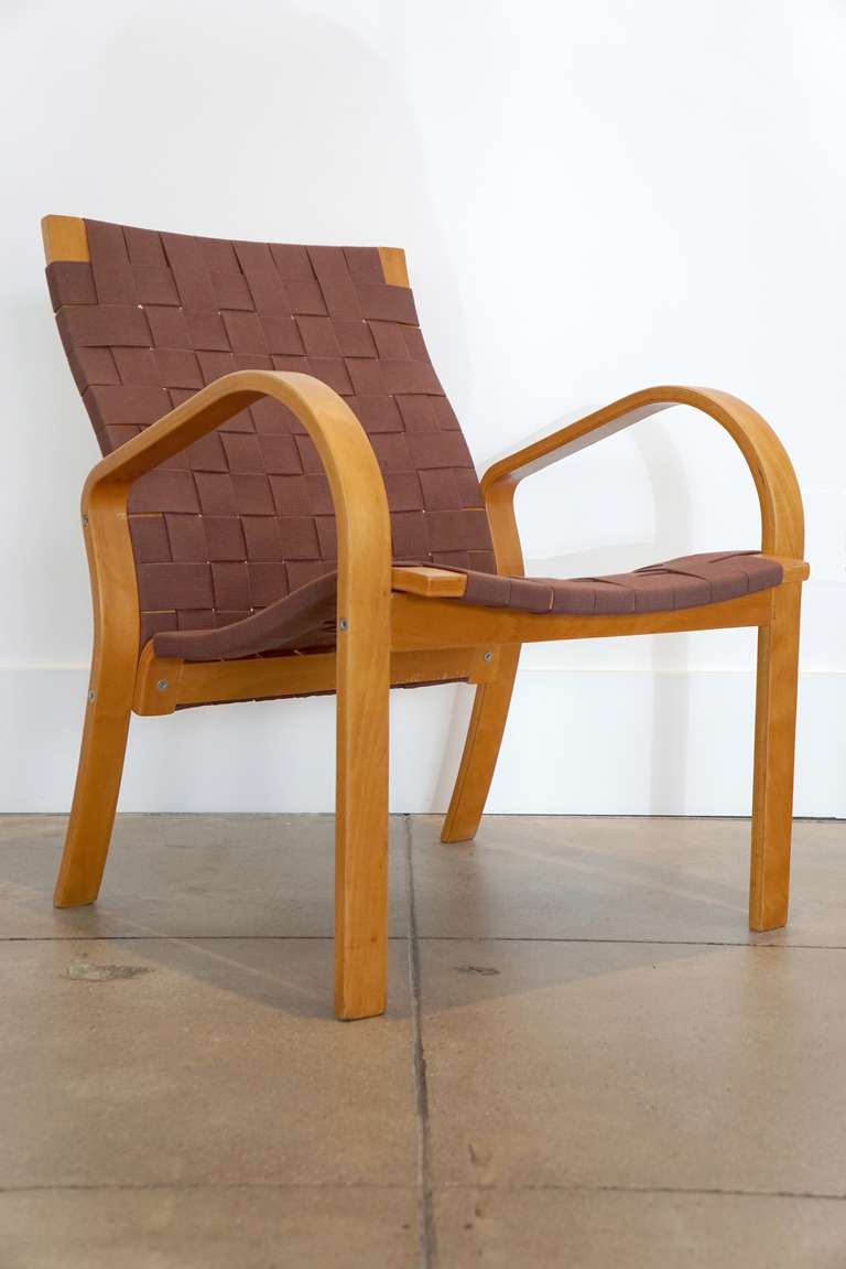 Bruno Mathsson chair with new 2" ruddy brown cotton webbing.