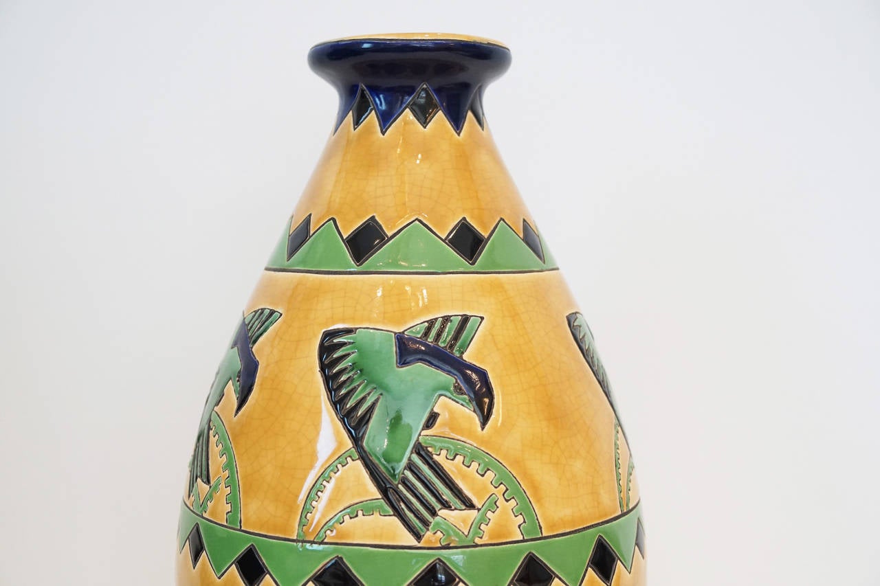 Art Deco Rare Charles Catteau Vase with Polychrome Repetitive Stylized Birds or Magpies