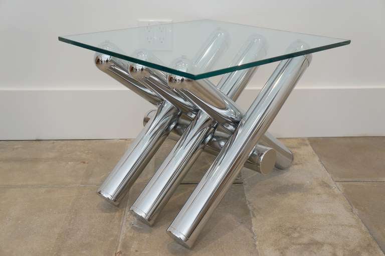 Chrome tube triple x base side table with horizontal spine and a 1/2