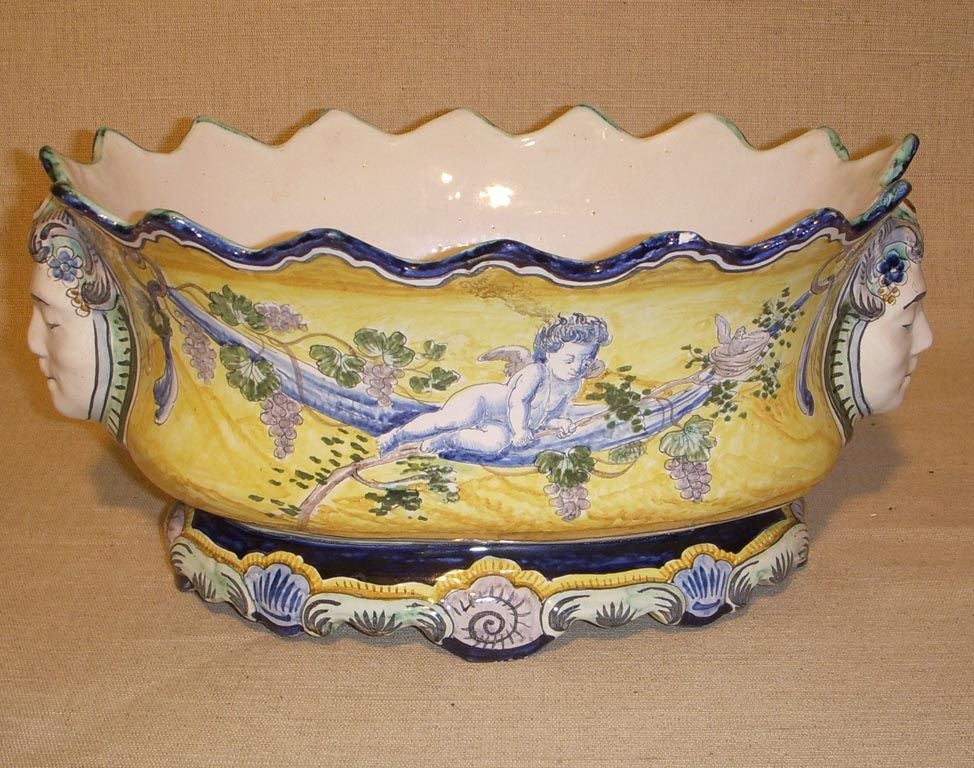 Oval Polychrome Faience Cache Pot, Nevers, France, Late 19th C.