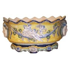 Antique Oval Polychrome Faience Cache Pot, Nevers, France, Late 19th C.