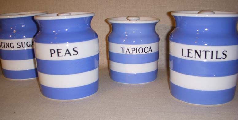 Collection of Nine (9) Blue and White Cornish Ware Lidded Kitchen Canisters, Labeled Underneath 
