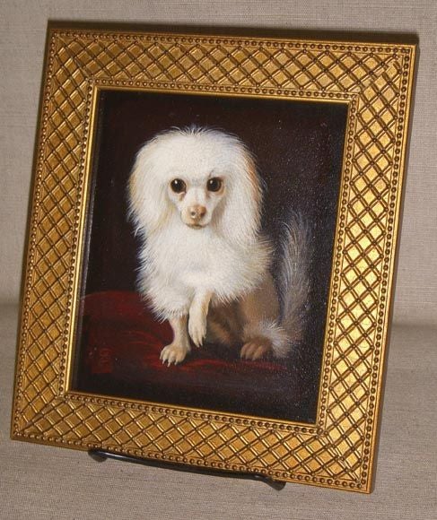 Small Oil on Panel of a White Poodle with Artist's Monogram 