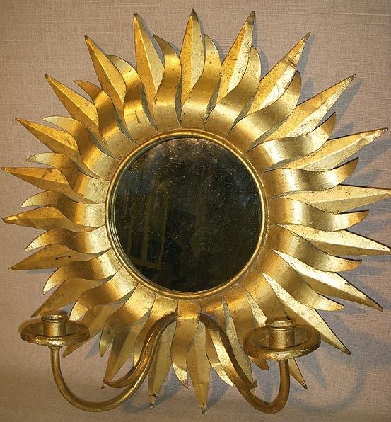 Pair of Vintage Gilt Tole Mirrored Two-Arm Sconces with Sunflower Motif, Continental, Mid 20th Century.<br />
<br />
20 inches diameter x 7 inches deep